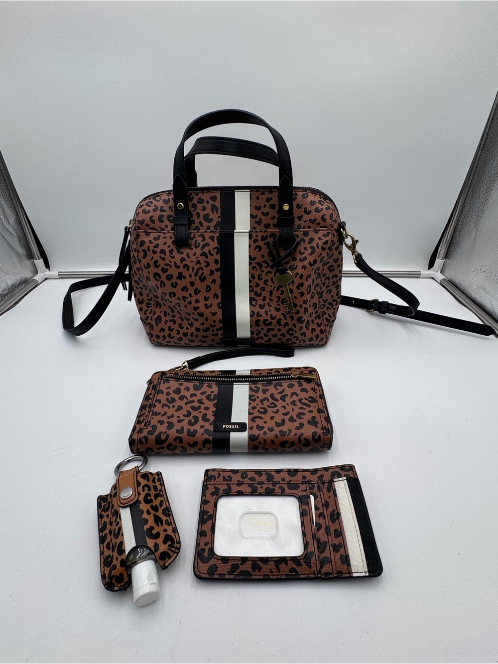 Fossil Leopard Print Satchel Crossbody Bag Wallet Card Holder Matching Set